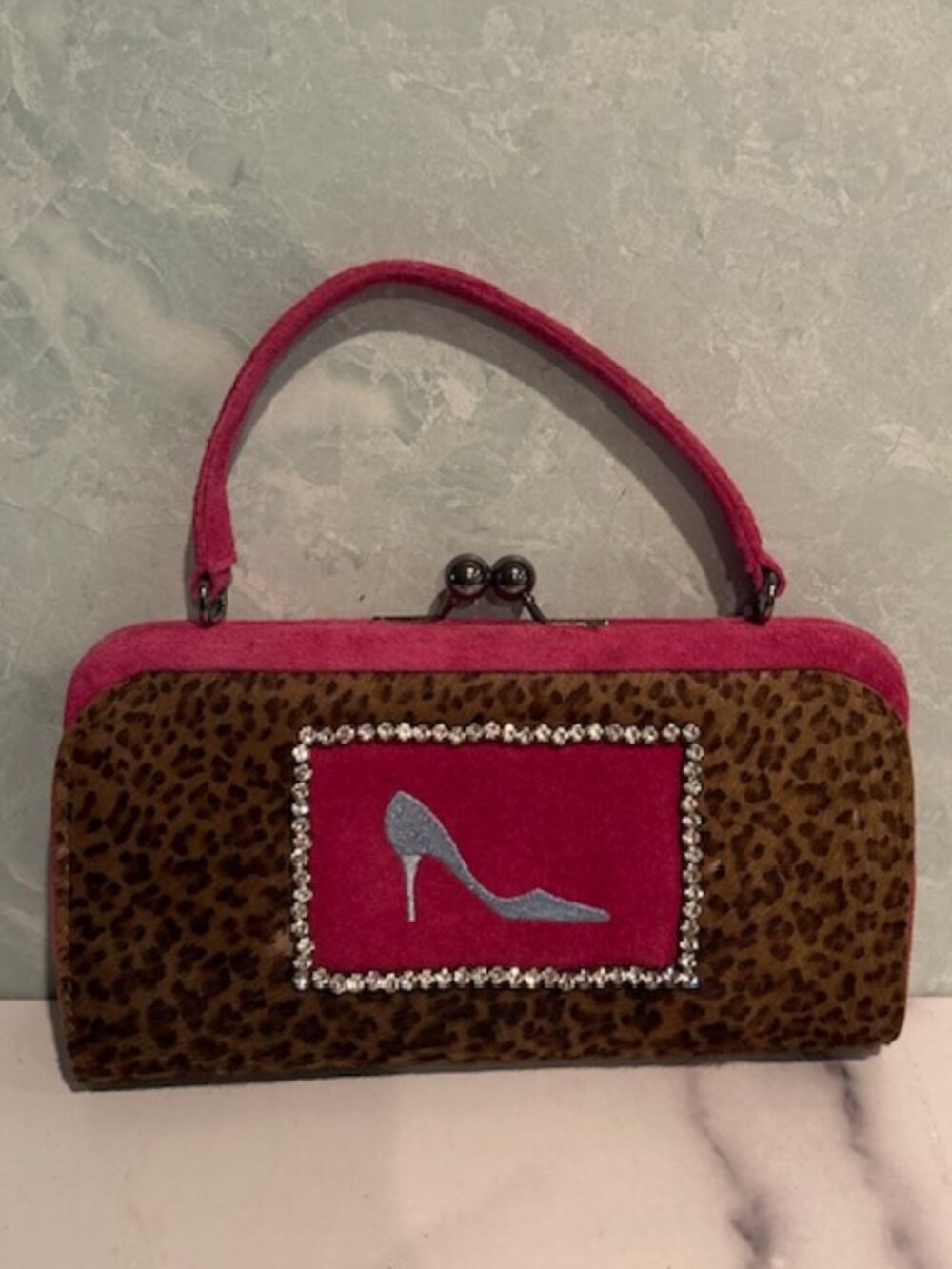 Vintage NICOLE MILLER Mini Bag Pink Suede Brown Animal Print Crystal Shoe Detail